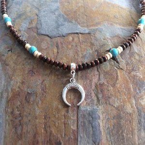 Beaded Wooden Silver Necklace